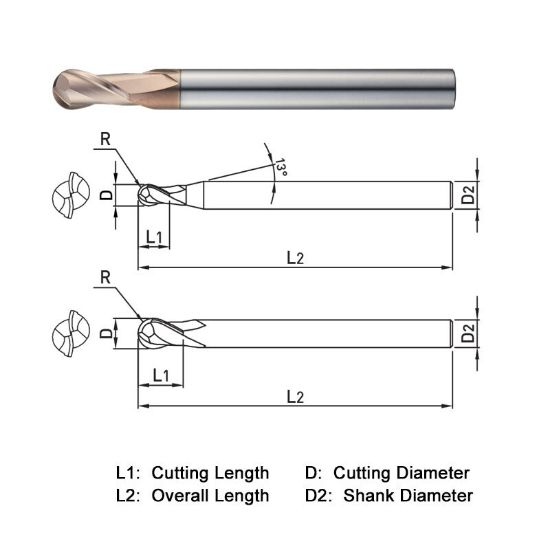 Picture of WIDIN WB502120060 DIA 12MM SH 0.4724 LOC 0.7087 OAL 2.3622 End Mill Standard Flute Standard Helix Carbide AlTiN Single End Ball Nose WINNER