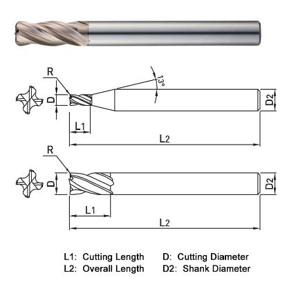 Picture of WIDIN WXR50404002 DIA 4MM SH 0.2362 LOC 0.3937 OAL 2.7559 End Mill Standard Flute Variable Helix Carbide AlTiN Single End Corner Radius 0.0079 0.20MM WINNER