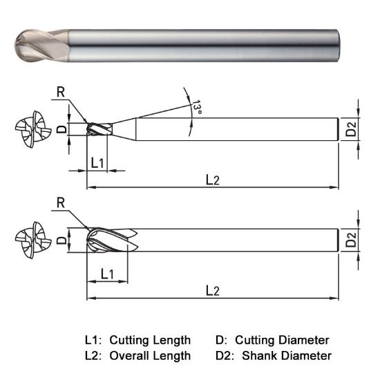 Picture of WIDIN WB504020 DIA 2MM SH 0.2362 LOC 0.0787 OAL 1.9685 End Mill Standard Flute Standard Helix Carbide AlTiN Single End Ball Nose WINNER