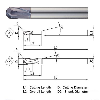 Picture of WIDIN DB412040L DIA 4MM SH 0.2362 LOC 0.1969 OAL 2.9528 End Mill Standard Flute Standard Helix Carbide AlTiN Single End Ball Nose Z-CLASSIC