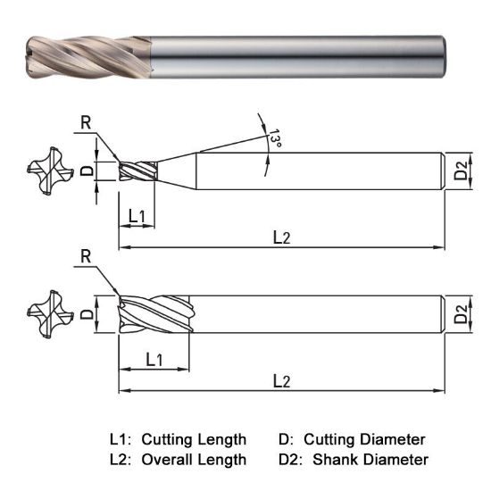 Picture of WIDIN WXR50401203 DIA 1.20MM SH 0.2362 LOC 0.1181 OAL 1.968 End Mill Standard Flute Variable Helix Carbide AlTiN Single End Corner Radius 0.0118 0.30MM WINNER