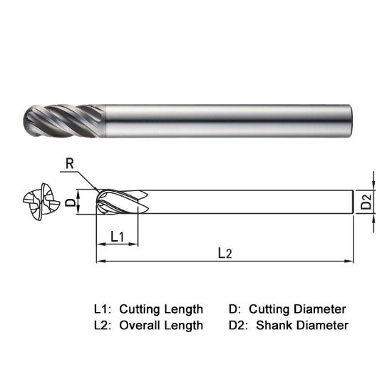 Picture of WIDIN XXB504100 DIA 10MM SH 0.3937 LOC 0.7874 OAL 3.9370 End Mill Standard Flute Variable Helix Carbide TiAlN Single End Ball Nose XX-STAR