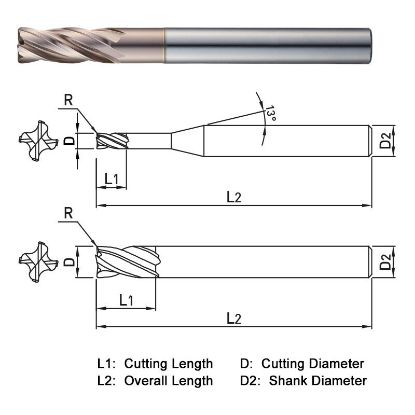 Picture of WIDIN WXR51412010110 DIA 12MM SH 0.4724 LOC 1.1811 OAL 4.3307 End Mill Standard Flute Variable Helix Carbide AlTiN Single End Corner Radius 0.0394 1.00MM WINNER