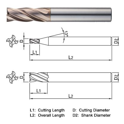 Picture of WIDIN WXE50401204 DIA 1.20MM SH 0.2362 LOC 0.1575 OAL 1.968 End Mill Standard Flute Variable Helix Carbide AlTiN Single End Square Sharp WINNER