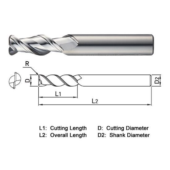 Picture of WIDIN WAR3021440 DIA 14MM SH 0.5512 LOC 1.3780 OAL 3.1496 End Mill Standard Flute High Helix Carbide Uncoated Single End Corner Radius 0.1575 4.00MM ALU-WAVE