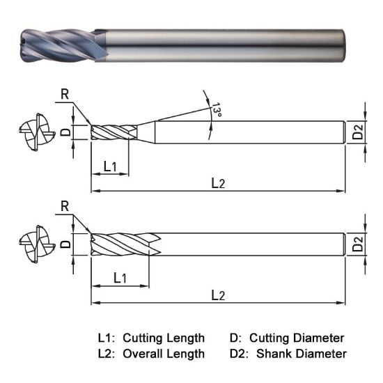 Picture of WIDIN ZR5240410 DIA 4MM SH 0.2362 LOC 0.4331 OAL 2.7559 End Mill Standard Flute Standard Helix Carbide AlTiN Single End Corner Radius 0.0394 1.00MM Z-CLASSIC
