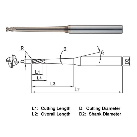 Picture of WIDIN WR544040020260 DIA 4MM SH 0.3150 LOC 0.2362 OAL 4.3307 End Mill Standard Flute Standard Helix Carbide AlTiN Single End Corner Radius 0.0079 0.20MM WINNER
