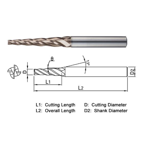 Picture of WIDIN WTE51401202012 DIA 1.20MM SH 0.1575 LOC 0.4724 OAL 1.968 End Mill Taper Flute Carbide AlTiN Single End Square Sharp WINNER