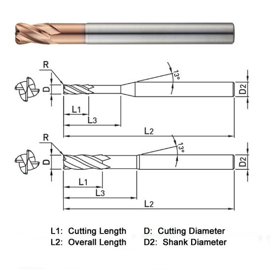 Picture of WIDIN ZR7240801025 DIA 8MM SH 0.3150 LOC 0.4724 OAL 3.9370 End Mill Standard Flute Standard Helix Carbide AlTiN Single End Corner Radius 0.0394 1.00MM Z-STAR