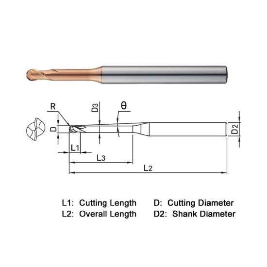 Picture of WIDIN ZSLNB2002-2.5 DIA 0.20MM SH 0.1575 LOC 0.0059 OAL 1.968 End Mill Standard Flute Standard Helix Carbide AlTiN Single End Ball Nose Z-STAR