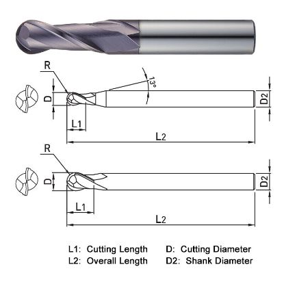 Picture of WIDIN TXB202060 DIA 6MM SH 0.2362 LOC 0.7480 OAL 2.5197 End Mill Standard Flute Standard Helix Carbide TiAlN Single End Ball Nose THUNDER