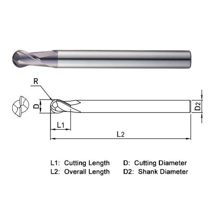 Picture of WIDIN TXB232120 DIA 12MM SH 0.4724 LOC 0.6299 OAL 3.9370 End Mill Standard Flute Standard Helix Carbide TiAlN Single End Ball Nose THUNDER