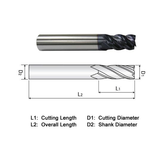 Picture of WIDIN XR404A010 DIA 5/32 SH 0.1875 LOC 0.3125 OAL 2.00 End Mill Standard Flute Variable Helix Carbide AlTiN Single End Corner Radius 0.0150 0.38MM X-STAR
