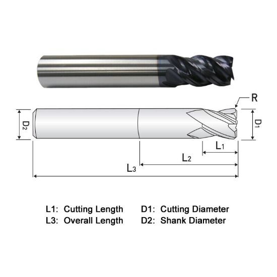 Picture of WIDIN XR524A020 DIA 5/16 SH 0.3125 LOC 0.8125 OAL 4.00 End Mill Standard Flute Variable Helix Carbide AlTiN Single End Corner Radius 0.0200 0.51MM X-STAR