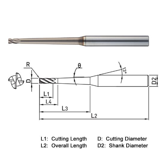 Picture of WIDIN WR542020010150 DIA 2MM SH 0.2362 LOC 0.0787 OAL 3.9370 End Mill Standard Flute Standard Helix Carbide AlTiN Single End Corner Radius 0.0039 0.10MM WINNER