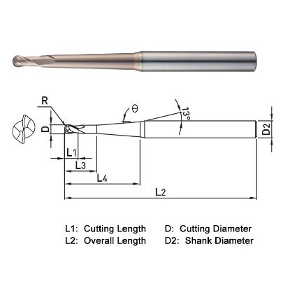 Picture of WIDIN WB5420102040 DIA 1MM SH 0.1575 LOC 0.0394 OAL 3.1496 End Mill Standard Flute Standard Helix Carbide AlTiN Single End Ball Nose WINNER