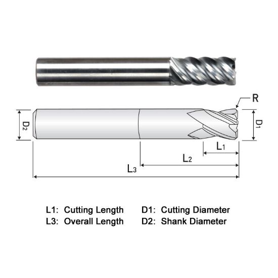 Picture of WIDIN XR515A024030 DIA 3/8 SH 0.3750 LOC 0.8750 OAL 2.50 End Mill Standard Flute Variable Helix Carbide TiAlN Single End Corner Radius 0.0300 0.76MM X-STAR