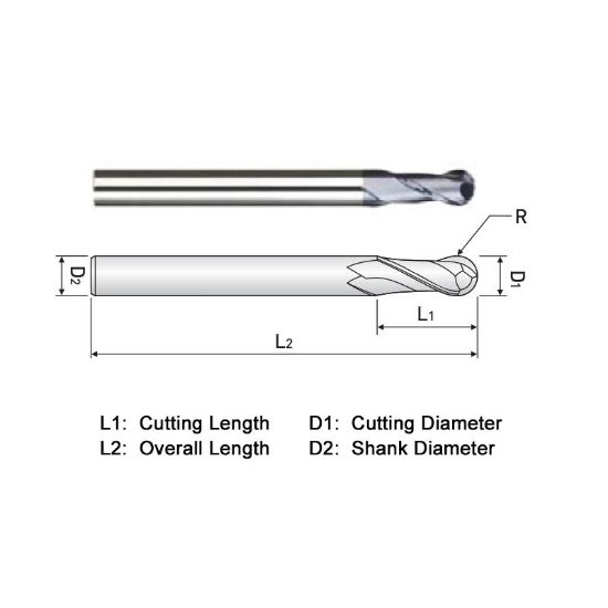 Picture of WIDIN ZB302012X DIA 3/16 SH 0.1875 LOC 1.1250 OAL 3.00 End Mill Standard Flute Standard Helix Carbide AlTiN Single End Ball Nose General Purpose