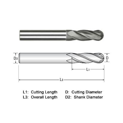 Picture of WIDIN WGB504A003-3 DIA 3/64 SH 0.1250 LOC 0.1406 OAL 3.00 End Mill Standard Flute Standard Helix Carbide Diamond Single End Ball Nose Z-GRA-MATE