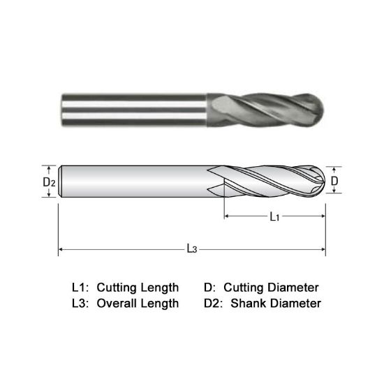 Picture of WIDIN WGB504A003-3 DIA 3/64 SH 0.1250 LOC 0.1406 OAL 3.00 End Mill Standard Flute Standard Helix Carbide Diamond Single End Ball Nose Z-GRA-MATE