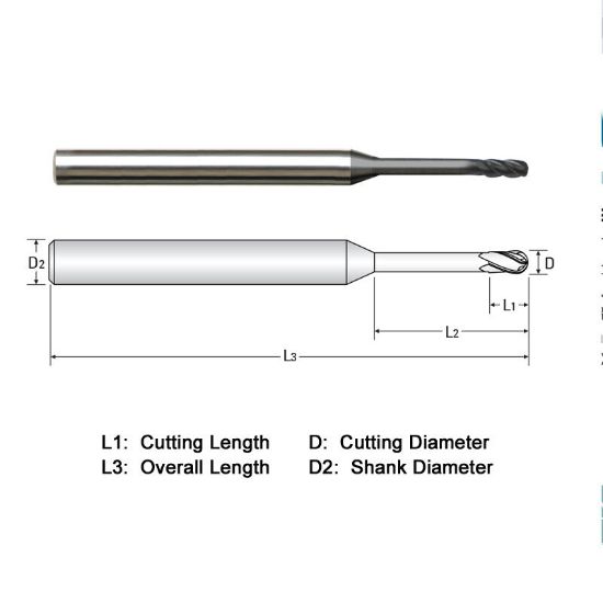 Picture of WIDIN WGB534A0081000-2.5 DIA 1/8 SH 0.1250 LOC 0.1250 OAL 2.50 End Mill Standard Flute Standard Helix Carbide Diamond Single End Ball Nose Z-GRA-MATE