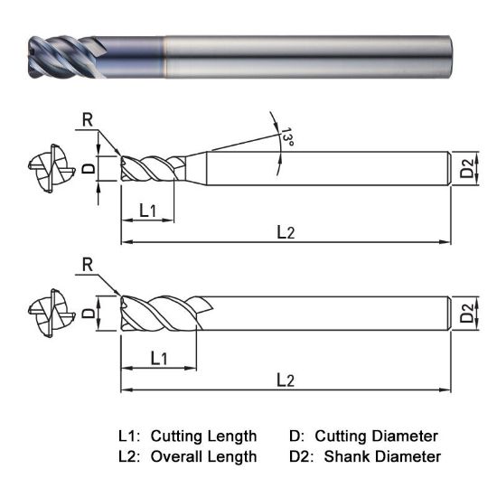 Picture of WIDIN ZR3241205 DIA 12MM SH 0.4724 LOC 1.0236 OAL 4.3307 End Mill Standard Flute Standard Helix Carbide TiAlN Single End Corner Radius 0.0197 0.50MM THUNDER