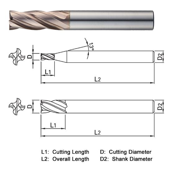 Picture of WIDIN WXE50404012 DIA 4MM SH 0.2362 LOC 0.4724 OAL 1.9685 End Mill Standard Flute Variable Helix Carbide AlTiN Single End Square Sharp WINNER