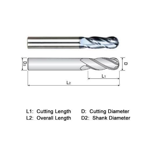 Picture of WIDIN ZB304007 DIA 7/64 SH 0.1250 LOC 0.3750 OAL 1.50 End Mill Standard Flute Standard Helix Carbide AlTiN Single End Ball Nose General Purpose