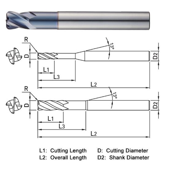 Picture of WIDIN ZR5041015 DIA 10MM SH 0.3937 LOC 0.4724 OAL 3.1496 End Mill Standard Flute Standard Helix Carbide AlTiN Single End Corner Radius 0.0591 1.50MM Z-CLASSIC