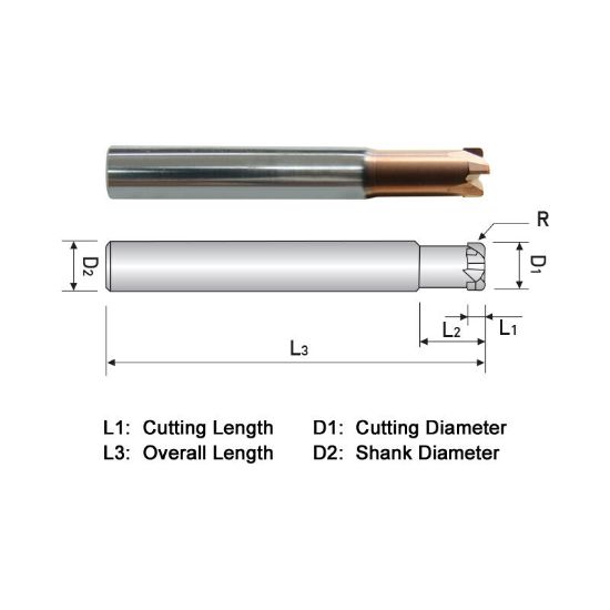 Picture of WIDIN ZSPM4A008 DIA 1/8 SH 0.2500 LOC 0.0630 OAL 2.2500 End Mill Standard Flute High Helix Carbide AlTiN Single End Corner Radius 0.0310 0.79MM Z-STAR