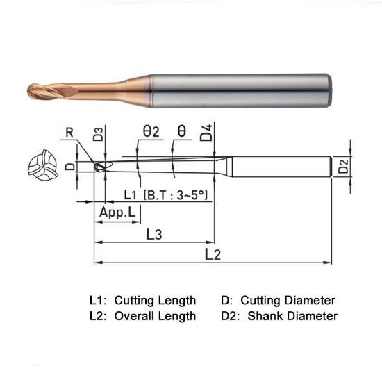 Picture of WIDIN ZSTNB3020-16-04 DIA 2MM SH 0.2362 LOC 0.0669 OAL 2.3622 End Mill Standard Flute Standard Helix Carbide AlTiN Single End Ball Nose Z-STAR