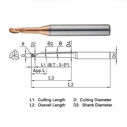 Picture of WIDIN ZSTNB3020-35-09 DIA 2MM SH 0.2362 LOC 0.0669 OAL 2.9528 End Mill Standard Flute Standard Helix Carbide AlTiN Single End Ball Nose Z-STAR