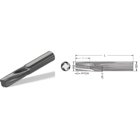 Picture of ADVENT Tool 011134-1CSBSPTH Carbide Thread Mill 11.00TPI BSPT 0.745 Cutter Diameter Cylindrical 0.7500 Shank