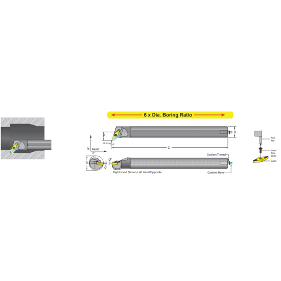 Picture of DORIAN E16M-M-SVQCL-11 Boring Bar 35.0° Carbide Round With One Flat 0.629 Shank 6.500 OAL