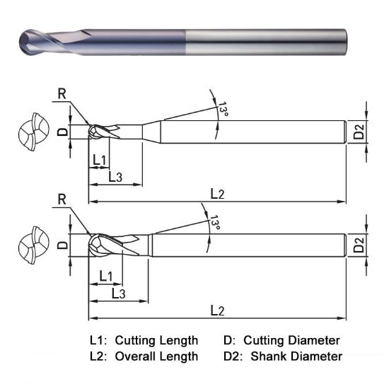 Picture of WIDIN DB522061 DIA 6MM SH 0.3150 LOC 0.3150 OAL 4.5276 End Mill Standard Flute Standard Helix Carbide AlTiN Single End Ball Nose Z-CLASSIC