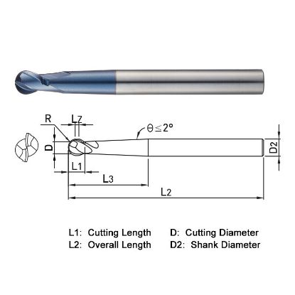 Picture of WIDIN DB532101 DIA 10MM SH 0.3937 LOC 0.3110 OAL 3.9370 End Mill Standard Flute Standard Helix Carbide AlTiN Single End Ball Nose Z-CLASSIC