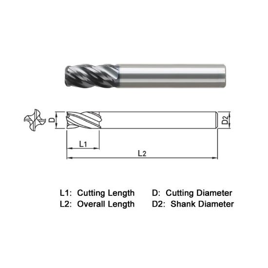Picture of WIDIN VXR506A048015 DIA 3/4 SH 0.7500 LOC 1.00 OAL 3.50 End Mill Standard Flute Variable Helix Carbide TiAlN Single End Corner Radius 0.0150 0.38MM VH SERIES