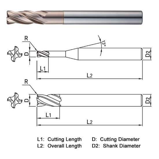 Picture of WIDIN WXR5140100312 DIA 1MM SH 0.1575 LOC 0.0591 OAL 1.9685 End Mill Standard Flute Variable Helix Carbide AlTiN Single End Corner Radius 0.0118 0.30MM WINNER