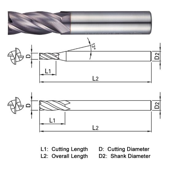 Picture of WIDIN ZE304050 DIA 5MM SH 0.2362 LOC 0.5118 OAL 1.9685 End Mill Standard Flute Standard Helix Carbide TiAlN Single End Square Sharp THUNDER