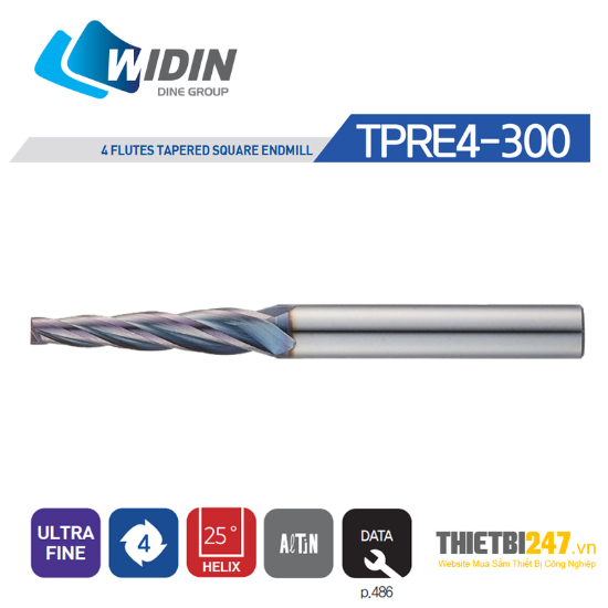 Picture of WIDIN TPRE4025-20-300 DIA 2.50MM SH 0.2362 LOC 0.7874 OAL 2.362 End Mill Taper Flute Carbide AlTiN Single End Square Sharp Z-CLASSIC
